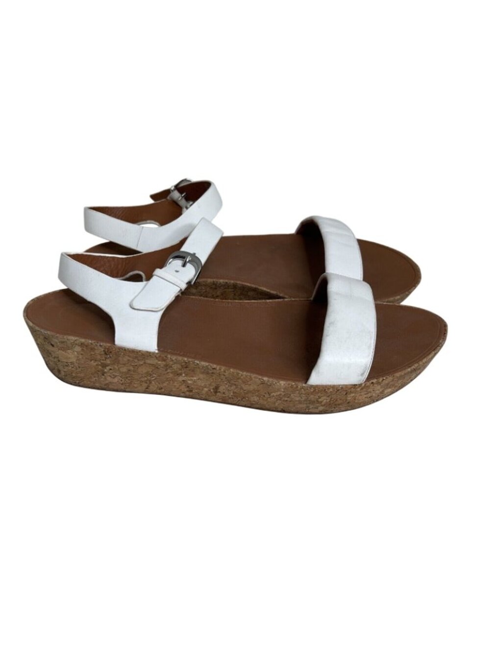 Fitflop White Leather Cork Wedge Sandals W/Adjustable Strap & Buckle Size 10 - Picture 3 of 7
